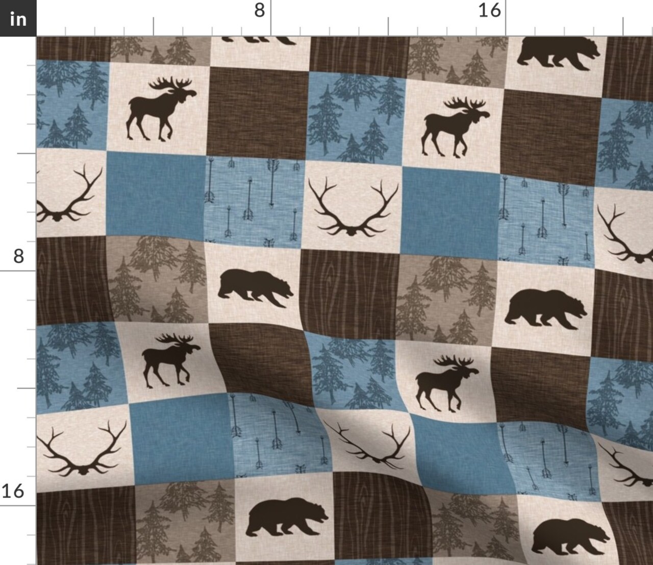 Brown Woodland Bears Patchwork Moose Antlers Wildlife Cabincore Tree Arrows Cheater Quilt Nature Cabin Custom Printed Fabric by Spoonflower Various Fabrics by the Yard or Fat Quarter